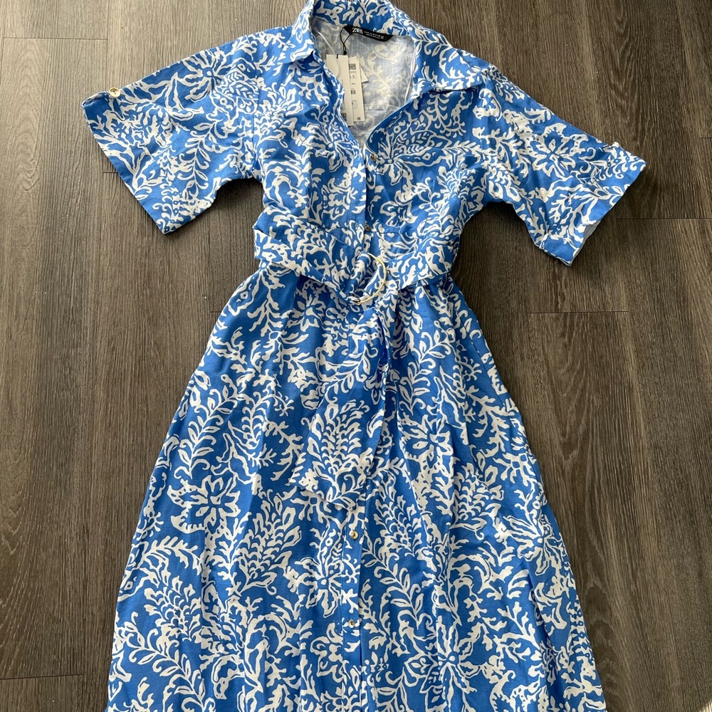 Zara Linen Belted MIDI Dress, NWT, Size M
